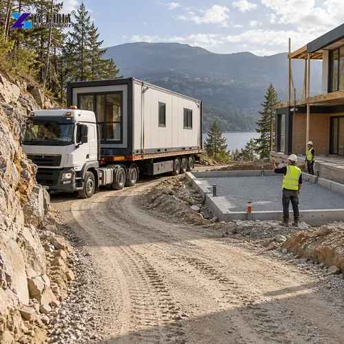 Illustration: delivery access and crane clearance for a modular house.