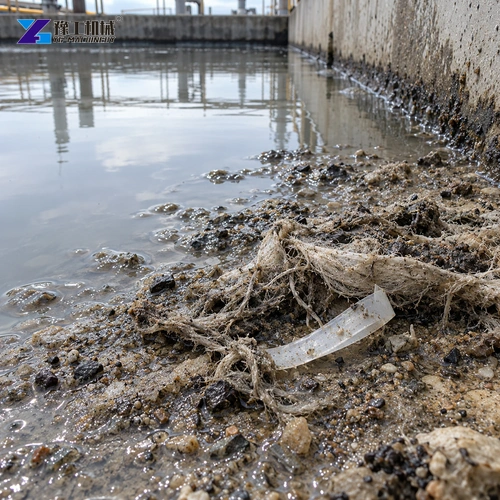 Fibrous debris and a plastic strip on wet basin-edge sediment