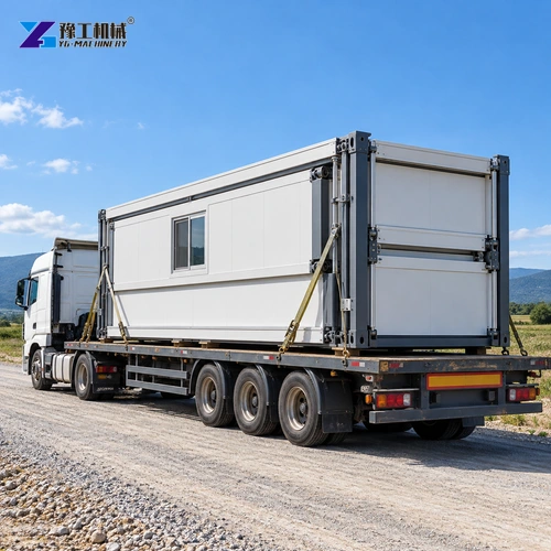 Folded prefab housing module secured on a stationary flatbed truck