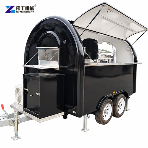 Rounded black catering trailer with serving hatch and towing drawbar