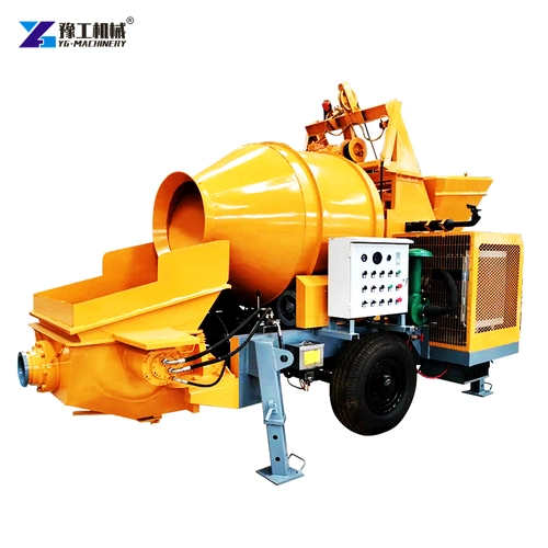 Yellow Drum Mixer And Concrete Pump On One Wheeled Chassis