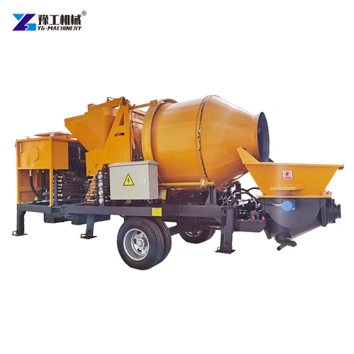 Side View Of Yellow Drum Mixer With Pump Hopper And Trailer Chassis