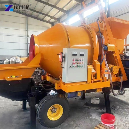 Control Panel And Drum On A Yellow Integrated Concrete Mixer Pump