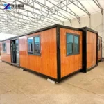 Wood finish expandable building with accessible front doors and windows