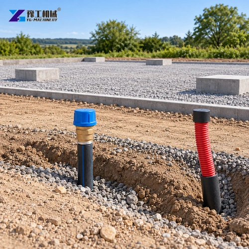 Capped water service and protected conduit beside a modular-building plot