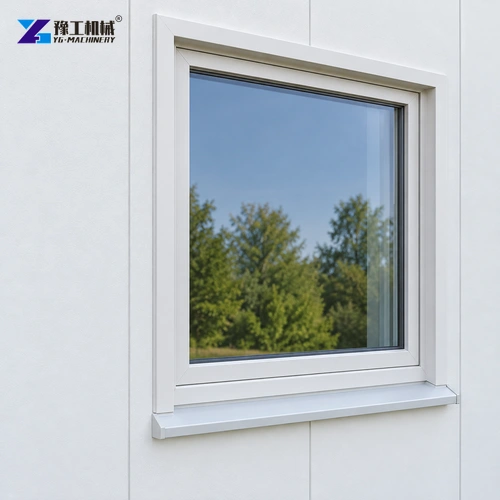 Closed window and sill set into a white prefab panel wall