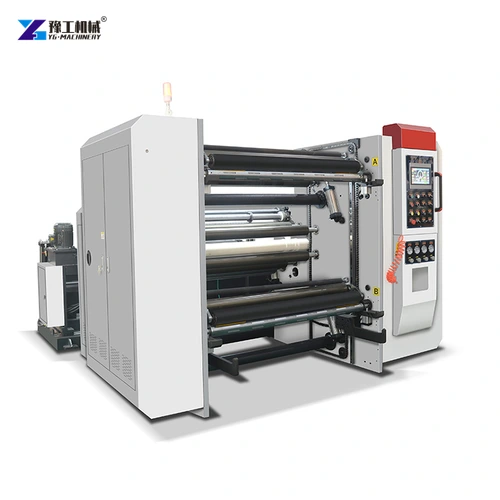Slitter rewinder roller assembly beside an enclosed control cabinet