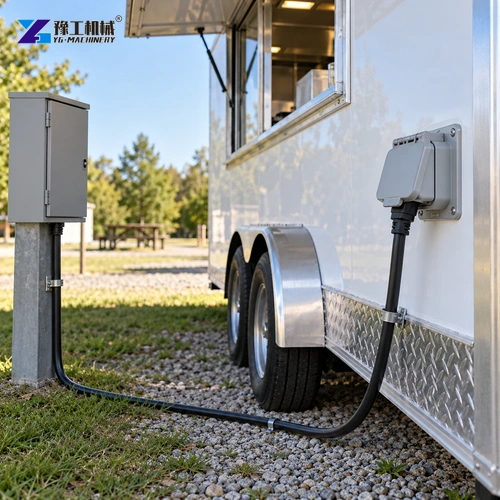 Weatherproof power inlet and insulated supply cable outside a stationary trailer