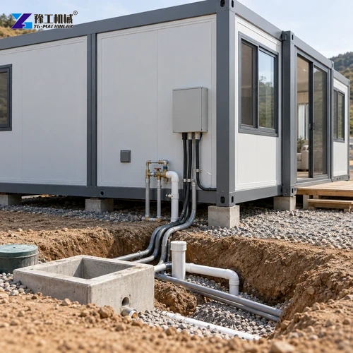 Illustration: utility connections planned beside an expandable house.