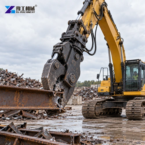 Hydraulic demolition shear on an excavator closing around a structural steel beam
