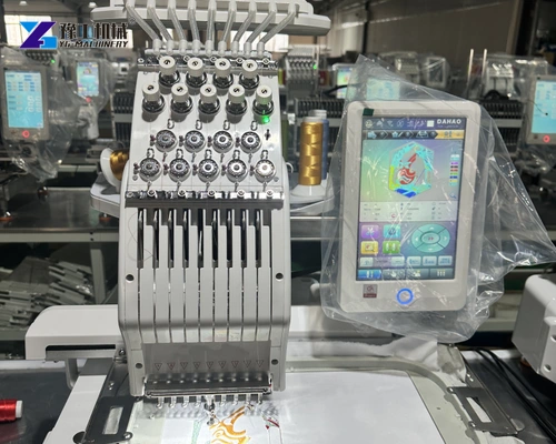 Compact embroidery machine working head and adjacent controls