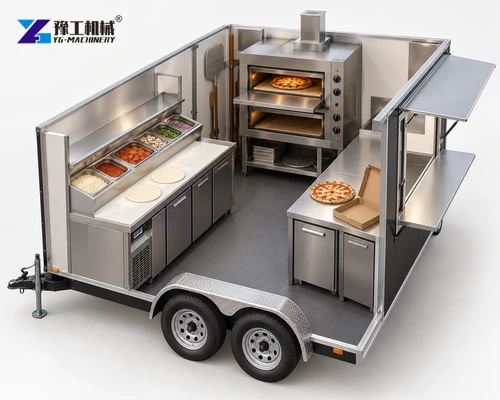 Pizza trailer preparation and handoff layout