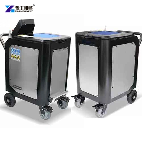 Wheeled dry ice blaster shown from front and rear