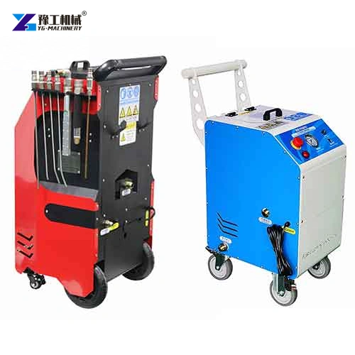 Red and blue dry ice cleaning units with wheels and control panels