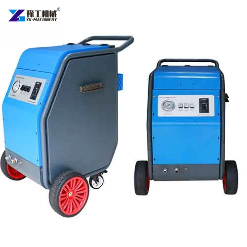 Blue dry ice blasting machines with pressure gauges and handles