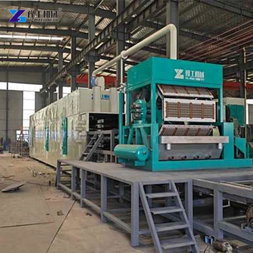 Egg tray production equipment installed on a raised workshop platform