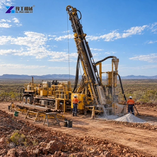 Illustration: Crawler RC drilling machine positioned at an exploration work site.
