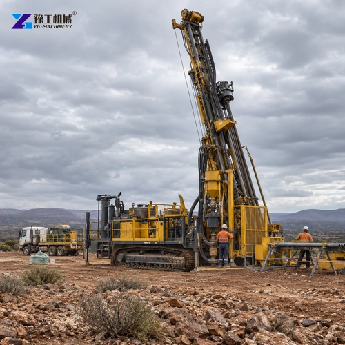 Illustration: Reverse-circulation rig mast aligned for a planned exploration hole.