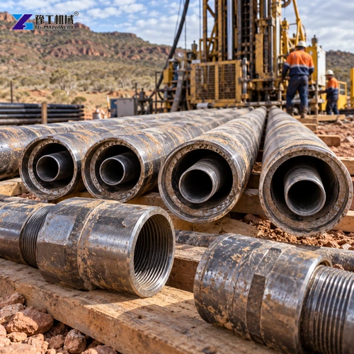 Illustration: Dual-wall drill rods staged for a reverse-circulation drilling run.