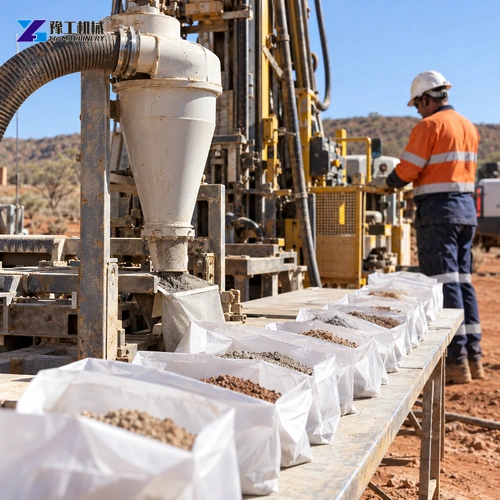 Illustration: Cyclone and sample-splitting equipment arranged along the cuttings path.