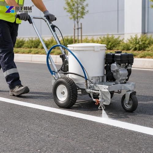 Illustration: Cold-paint road-marking machine prepared for a straight line pass.