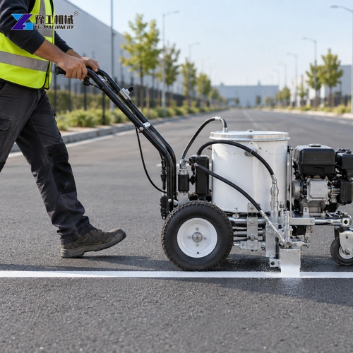 Illustration: Walk-behind marking machine applies a measured stripe to pavement.