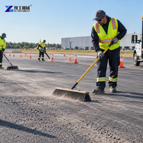 Illustration: Road crew applies a line with the site route controlled.